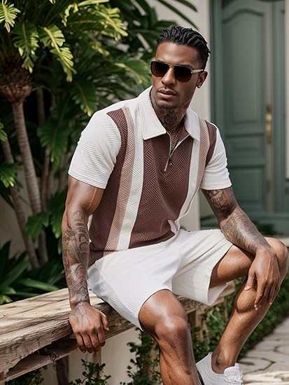 Men's Summer 2-Piece Tracksuit Set - Short Sleeve Sweatshirt & Shorts, 1/4 Zip Golf Polo, Splicing Striped Design - Casual Sportswear Outfit