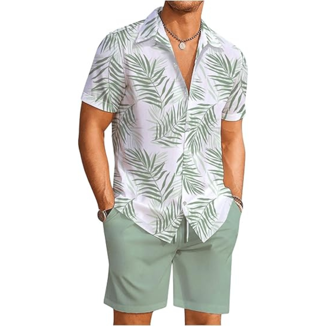 Men's Hawaiian Matching Set - Tropical Print 2-Piece Summer Beach Outfit, Shirt & Shorts Set