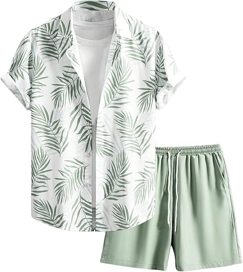 Men's Hawaiian Matching Set - Tropical Print 2-Piece Summer Beach Outfit, Shirt & Shorts Set