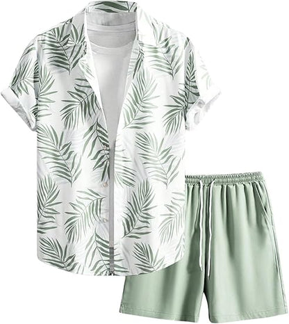 Men's Hawaiian Matching Set - Tropical Print 2-Piece Summer Beach Outfit, Shirt & Shorts Set