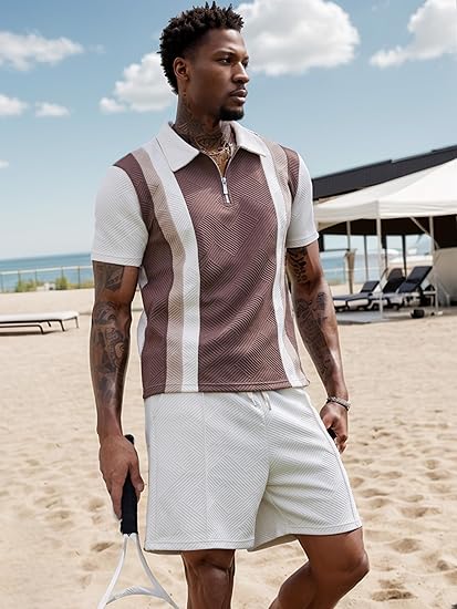 Men's Summer 2-Piece Tracksuit Set - Short Sleeve Sweatshirt & Shorts, 1/4 Zip Golf Polo, Splicing Striped Design - Casual Sportswear Outfit