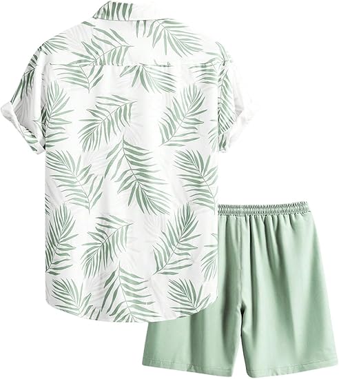 Men's Hawaiian Matching Set - Tropical Print 2-Piece Summer Beach Outfit, Shirt & Shorts Set