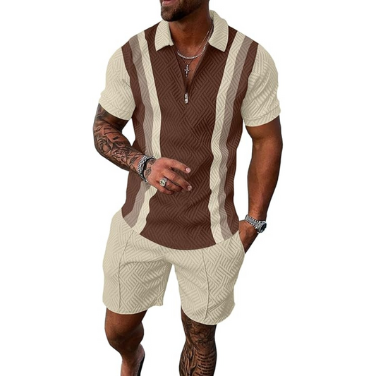 Men's Summer 2-Piece Tracksuit Set - Short Sleeve Sweatshirt & Shorts, 1/4 Zip Golf Polo, Splicing Striped Design - Casual Sportswear Outfit