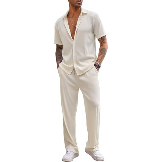 Men's 2-Piece Summer Outfit - Casual Short Sleeve Button Down Shirt & Loose Beach Pants Set, Comfortable Relaxed Fit