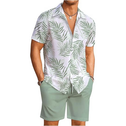 Men's Hawaiian Matching Set - Tropical Print 2-Piece Summer Beach Outfit, Shirt & Shorts Set